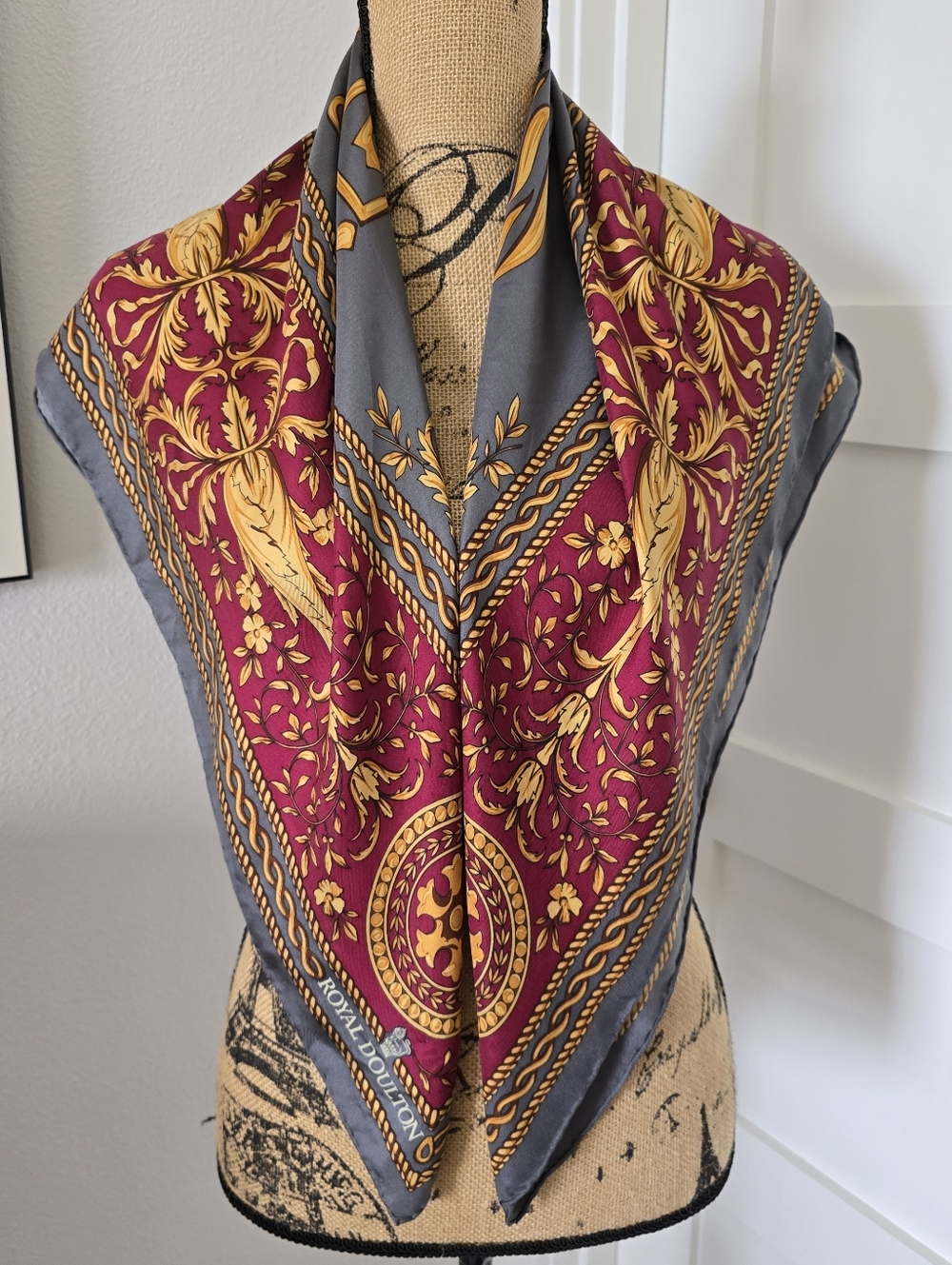 Royal Doulton 100% Silk Scarf 34" Gray, Maroon, Gold. Lion Motiff. VINTAGE.